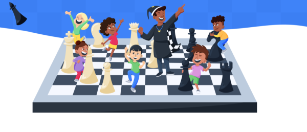 Chess board with kids cheering 