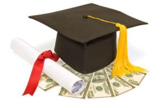Scholarship image, graduation hat sitting on money